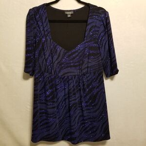 Dressbarn 14/16 Top Blue Sparkle Babydoll Tunic Tie Back Stretch New Years Eve